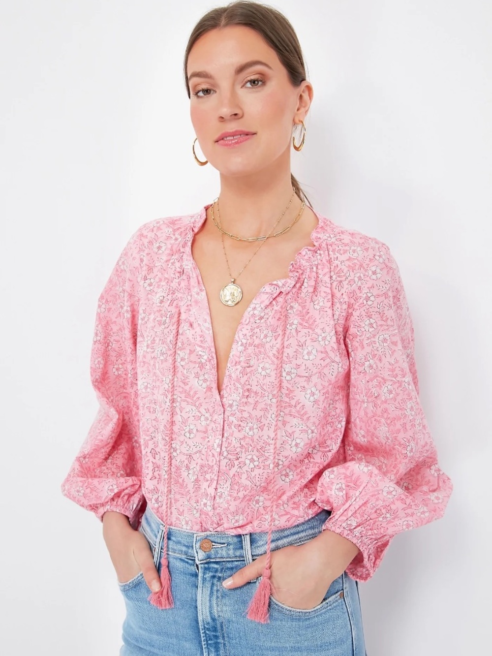 Love Tomas Emerson Fry India Block Print Pink Floral Crocus Bardot Blouse Top S
